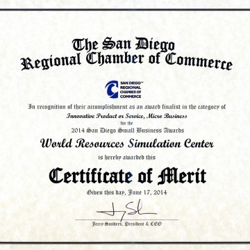 San Diego Regional Chamber of Commerce SimCenter Certificate of Merit Awards